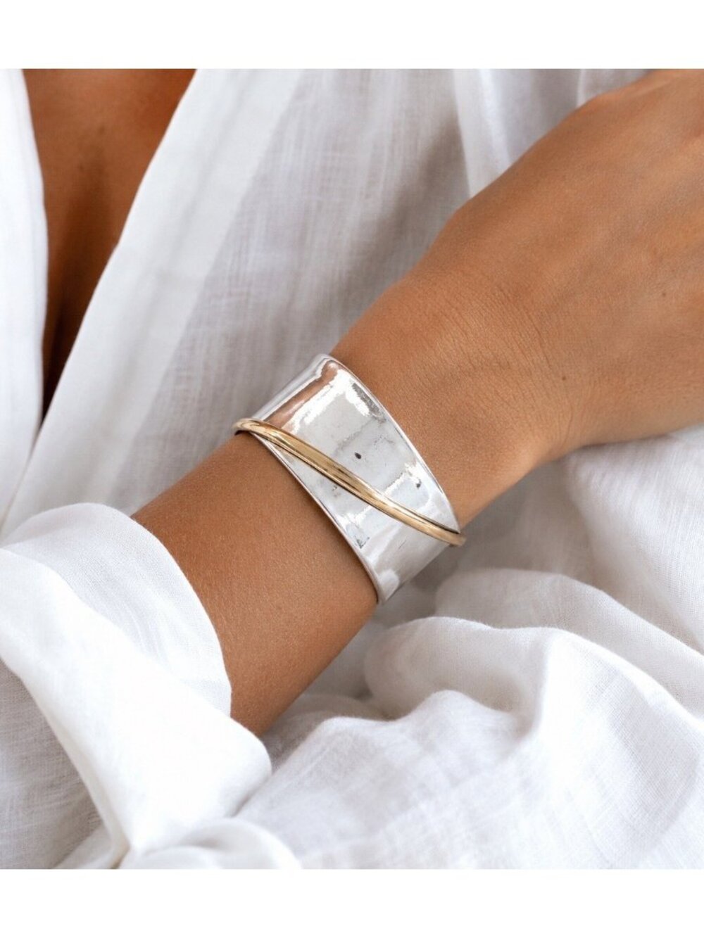 RLM SOHO Silver Tone Wide Cuff Bracelet Mixed Metal Hammered Modernist Statement